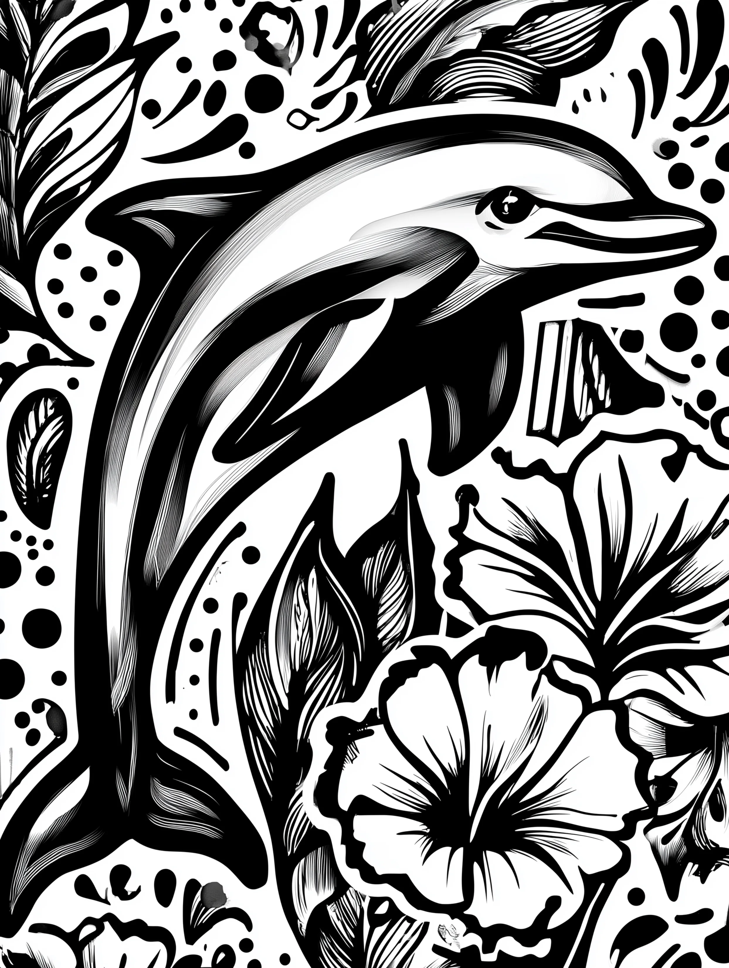 Free printable underwater coloring page for adults featuring a dolphin swimming to the right with hibiscus